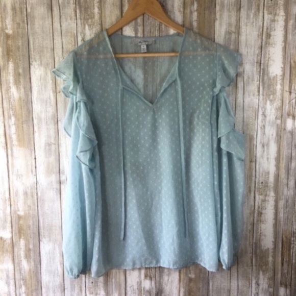 Libby. Edelman Sheer Ikat Blue Open Shoulder Top - Picture 2 of 5